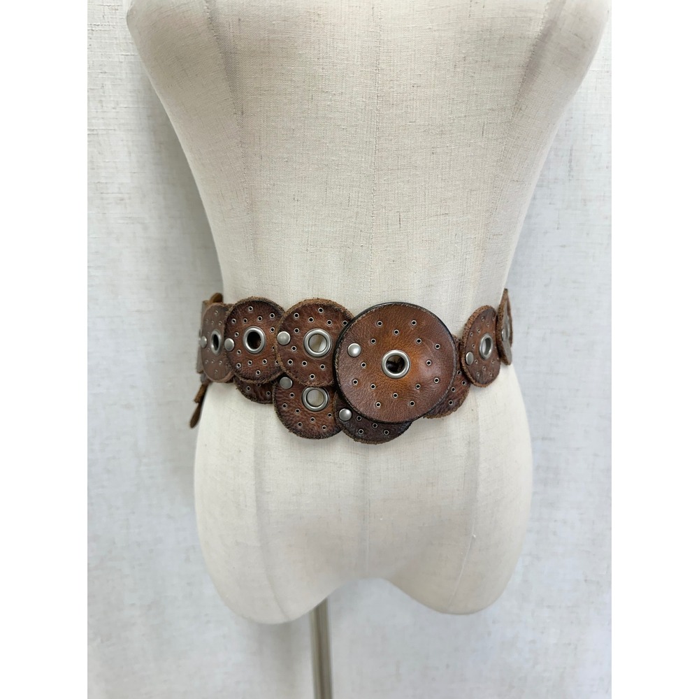 Western boho leather Disc Concho Belt‎ Brown silver grommets SML/MED adjustable - Picture 8 of 16